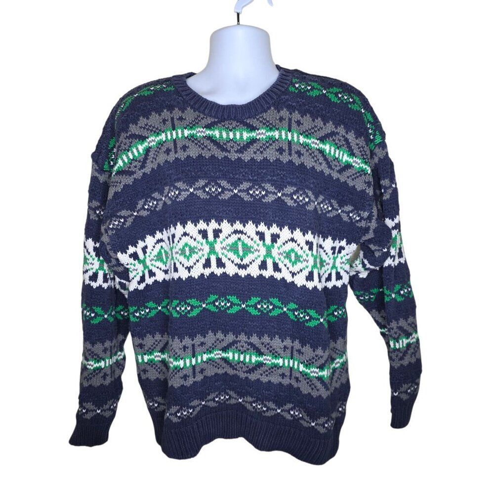 GAP Vintage 80s Crew Neck Nordic Pullover Winter Sweater Mens Size M Blue